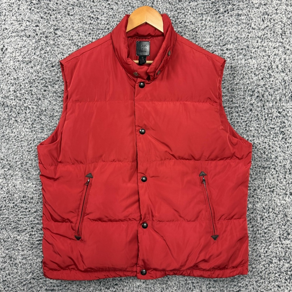 Saks Fifth Avenue Vest Mens XL Red Down Puffer Full Zip Quilted Lined Outdoor